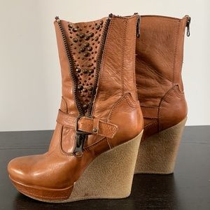 Genuine leather wedge platform high heel boot